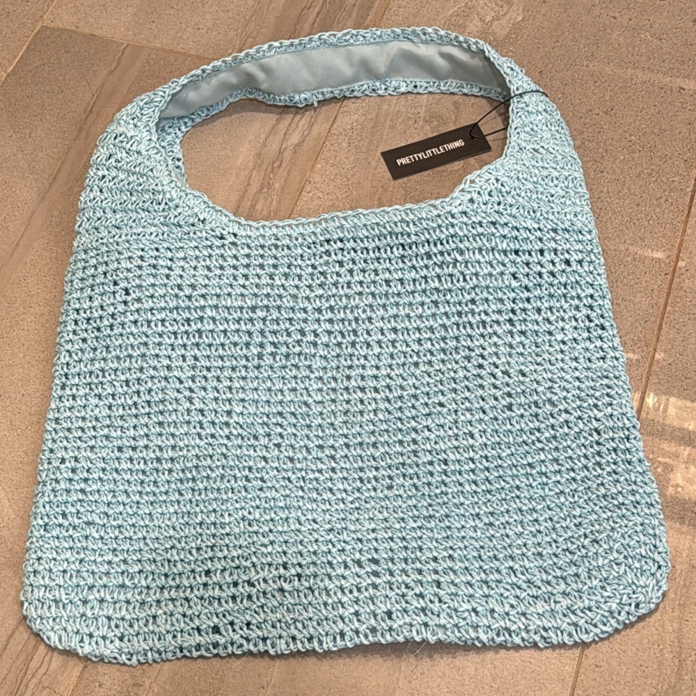 Pretty Little Thing PLT turquoise blue raffia crochet shoulder bag